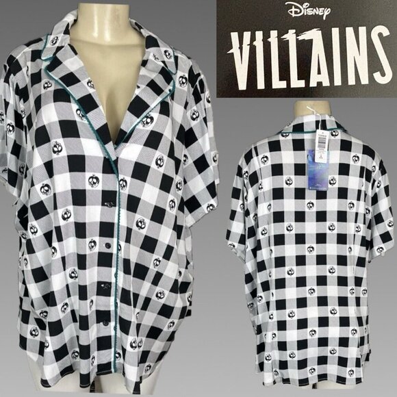 Disney +5 Black/White Button Retro Square Poison Apples Print Short Sleeve Shirt - Picture 1 of 6
